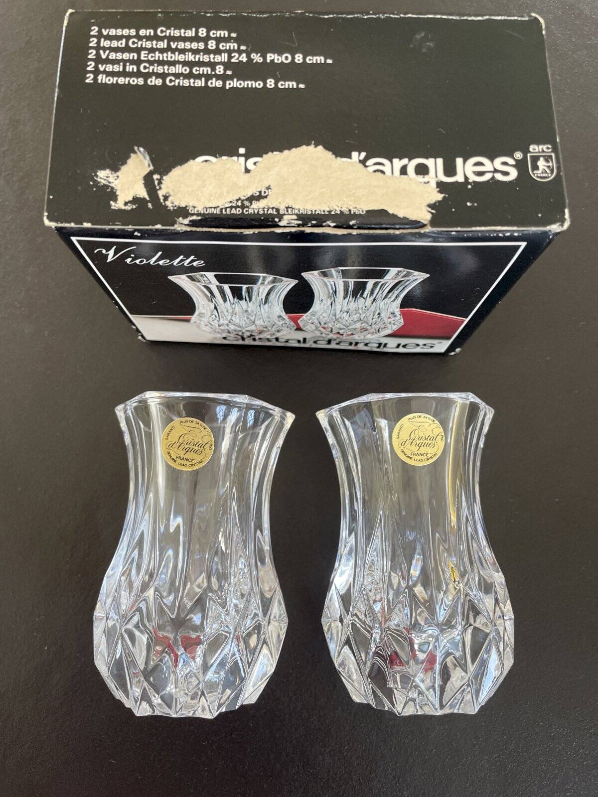 2 Violette Cristal d’Arques vases Height 8 cm and their original box