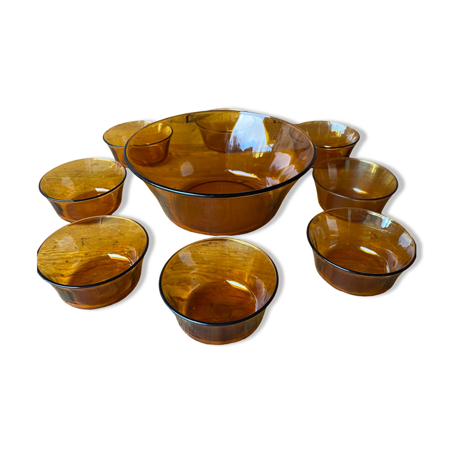 Salad bowl and raviers in tempered glass Vereco amber brown