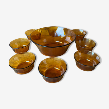 Salad bowl and raviers in tempered glass Vereco amber brown