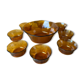 Salad bowl and raviers in tempered glass Vereco amber brown