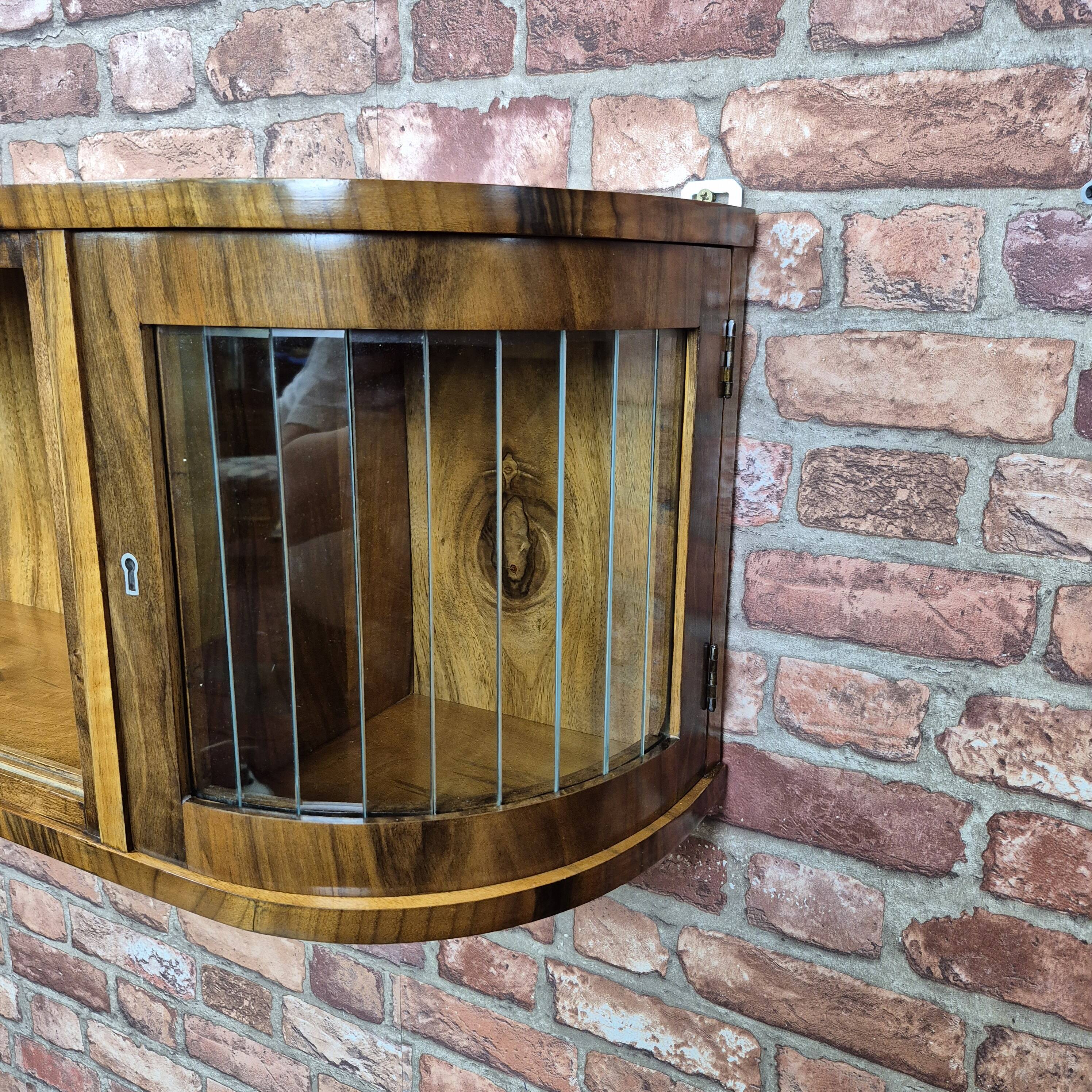 Rare 3-Zone Art Deco Walnut Wall Display Cabinet with Slatted Glass Doors