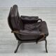 Chaise longue scandinave des années 1970 en état d'origine, cuir marron, bois courbé foncé.