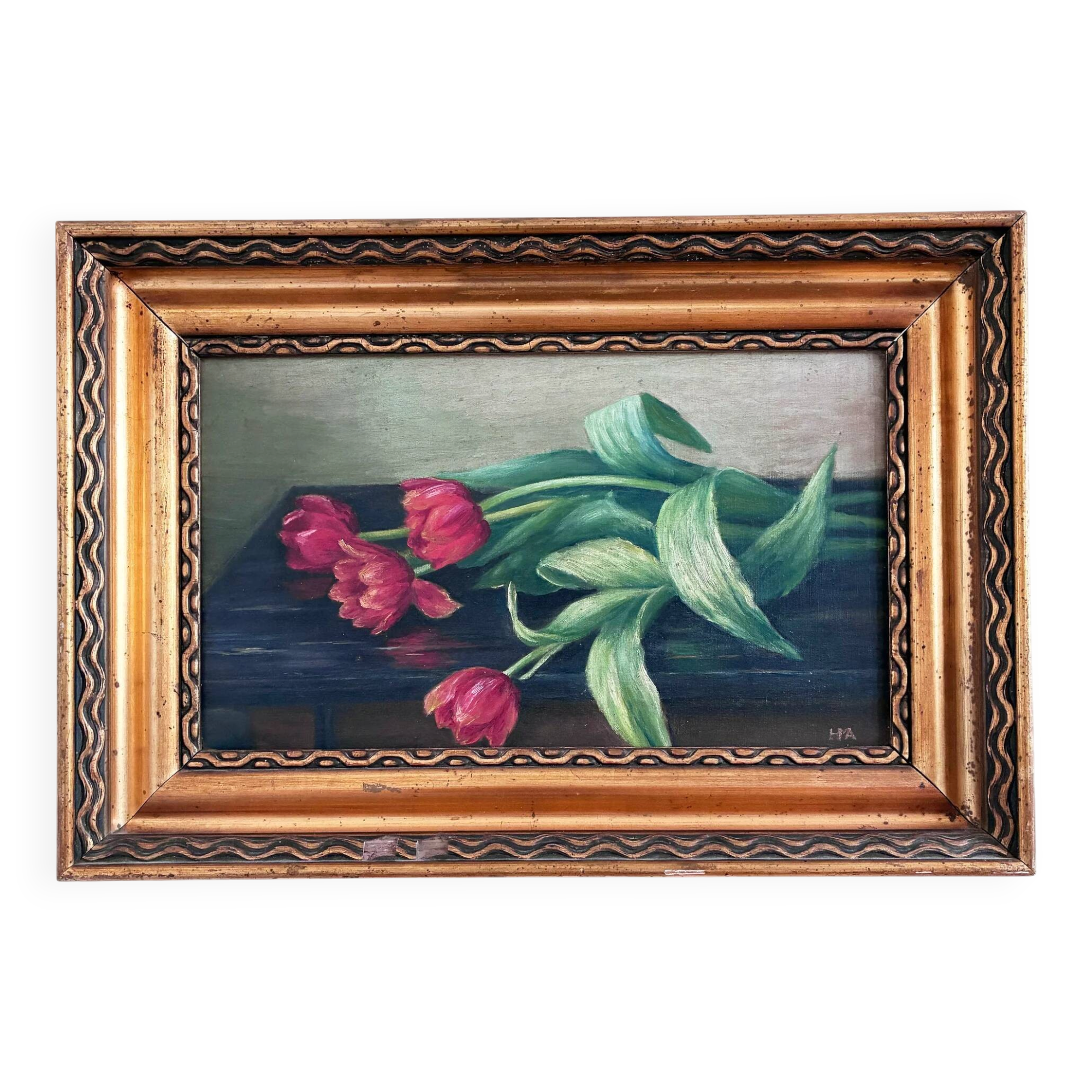 Peinture à l'huile, nature morte de tulipes vintage