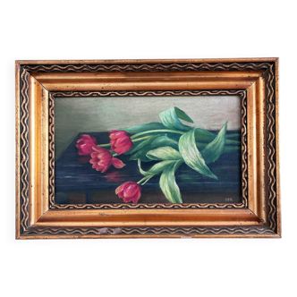 Vintage original flower oil painting, tulips still life art