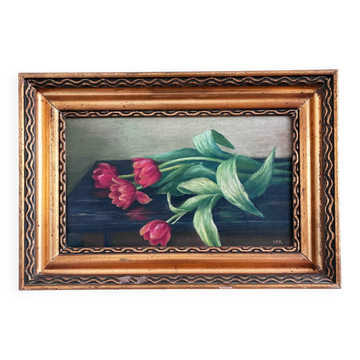 Vintage original flower oil painting, tulips still life art