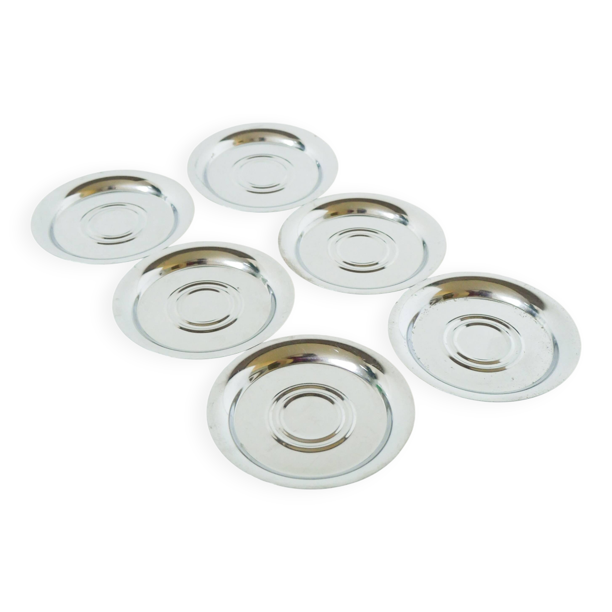 Set of 6 chrome metal coasters, Design, 1970