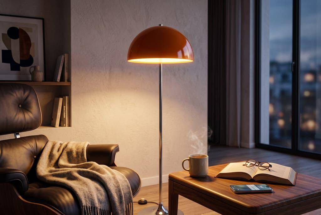 Lampadaire vintage chromé avec abat-jour orange