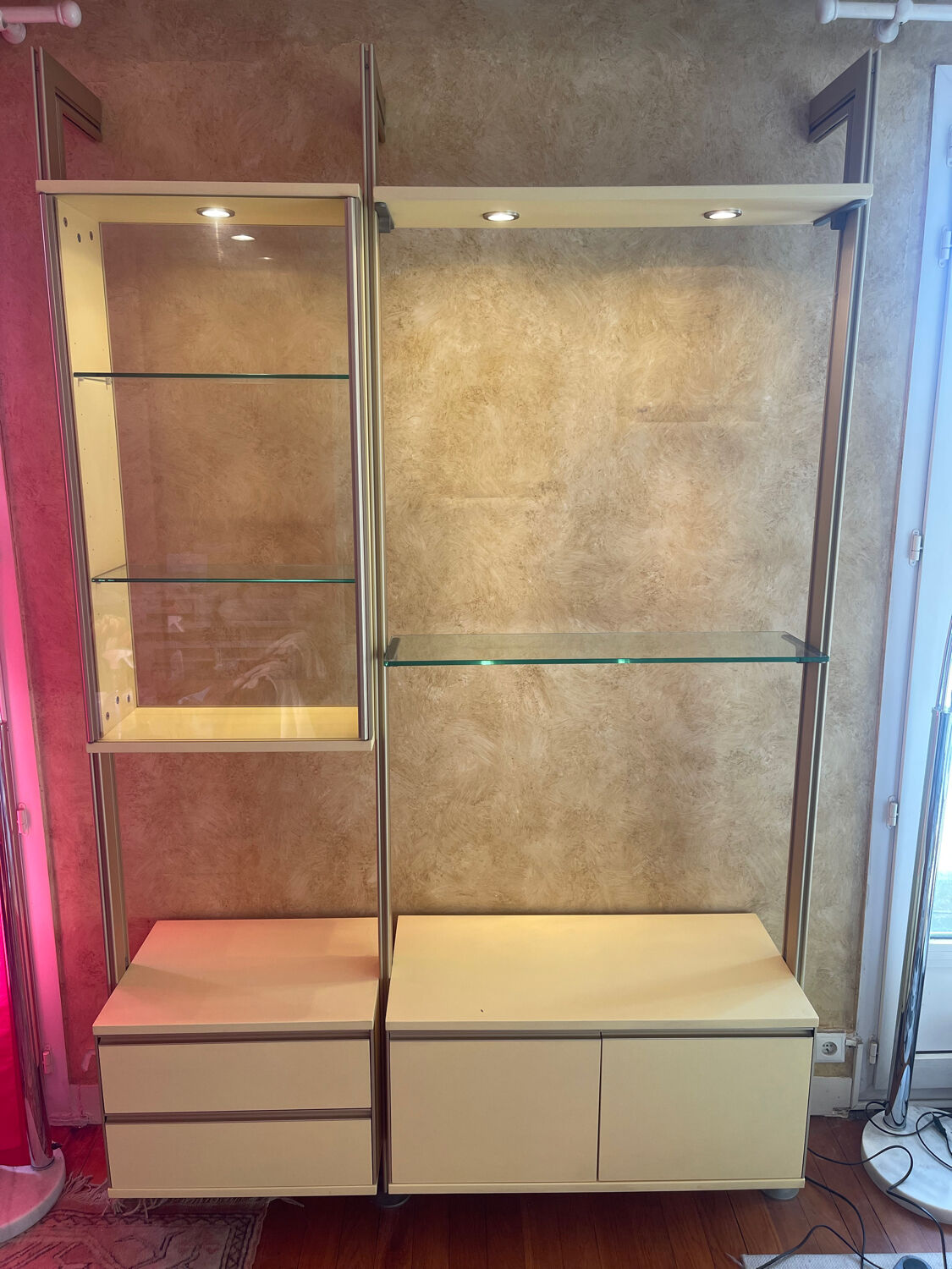 Library, vintage glass and gold aluminium display case, 1980s.