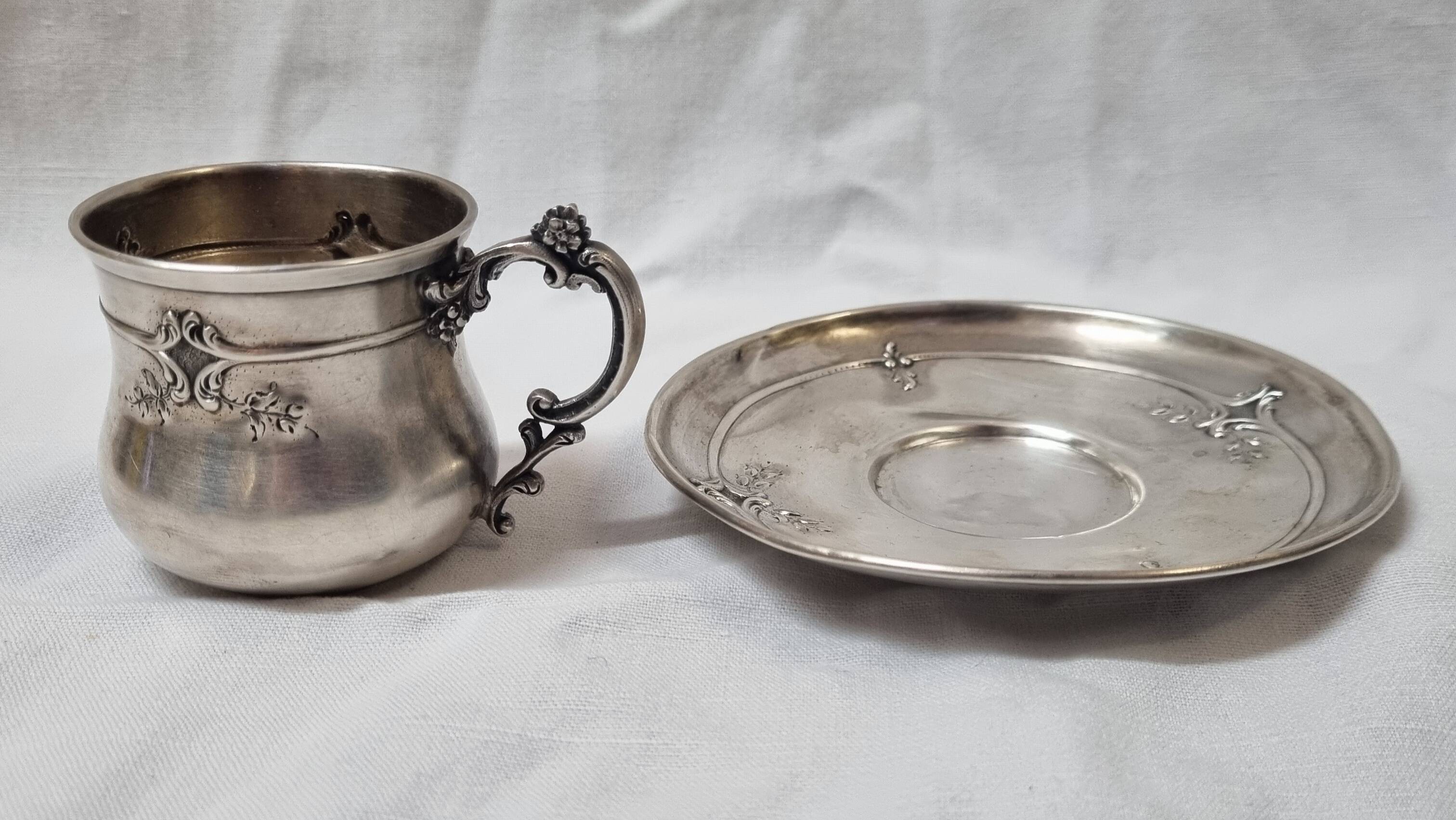Solid silver cup (and saucer) late 19th century minerve