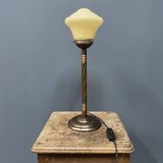 Standing copper table lamp with glass shade