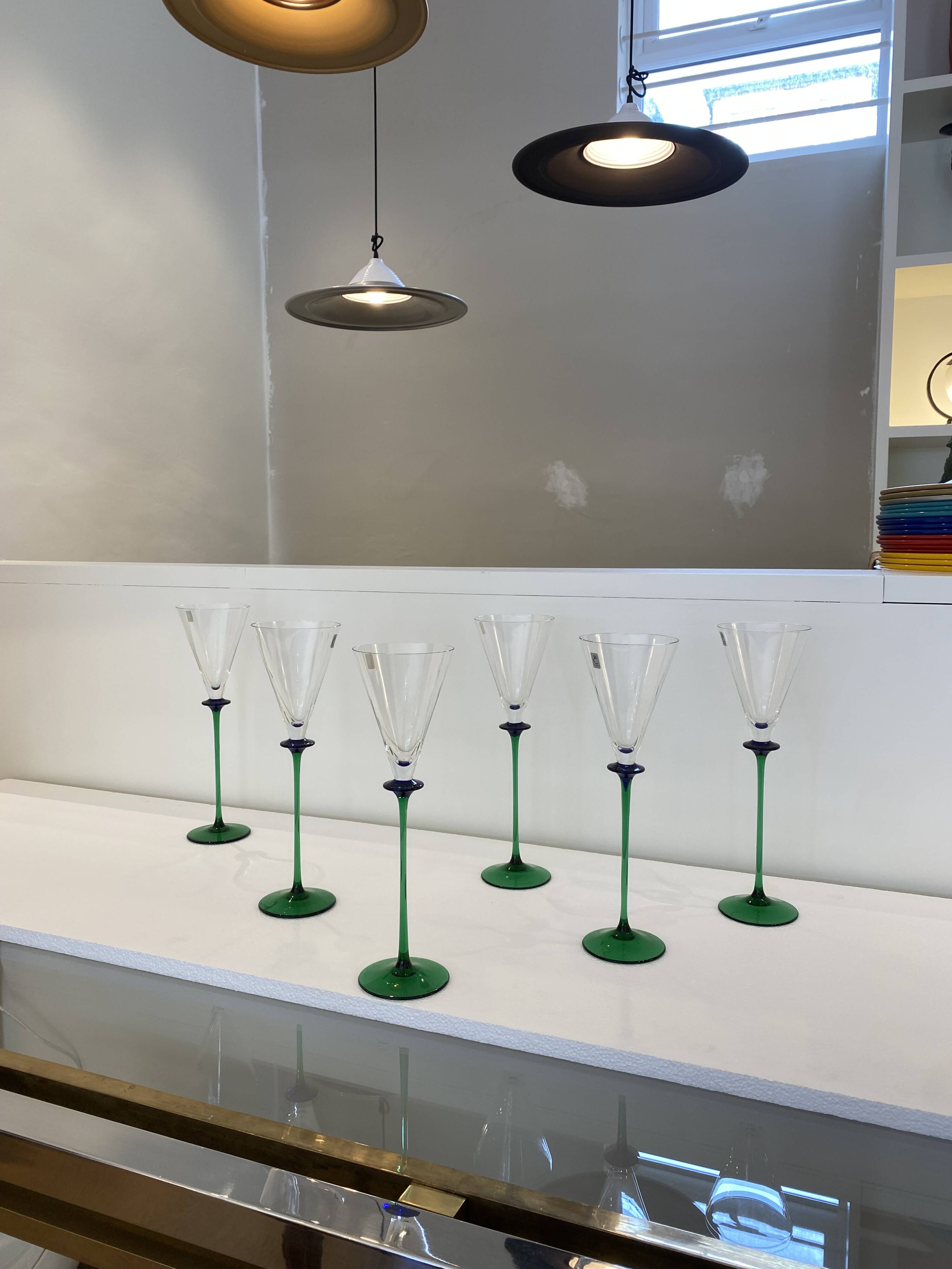 A Set of 6 Hand-blown Emerald Green Cobalt Blue Stem Champagne Flutes Art