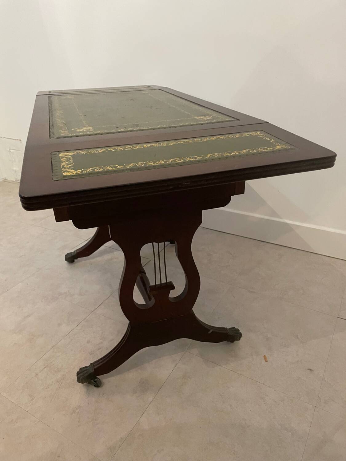English coffee table with shutters and green leather top