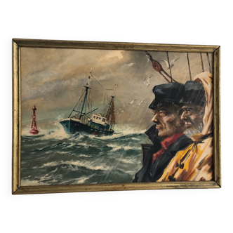 Old oil on marine panel Heads of fishermen signed Le Treut