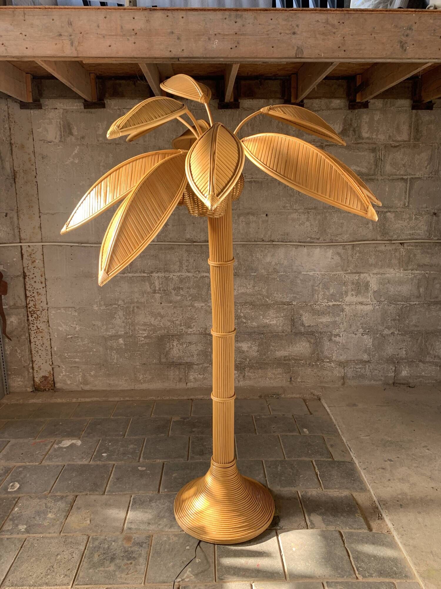 Pencil Reed rattan bamboo coconut palm tree floor lamp, Mario Lopez Torres, 1970s