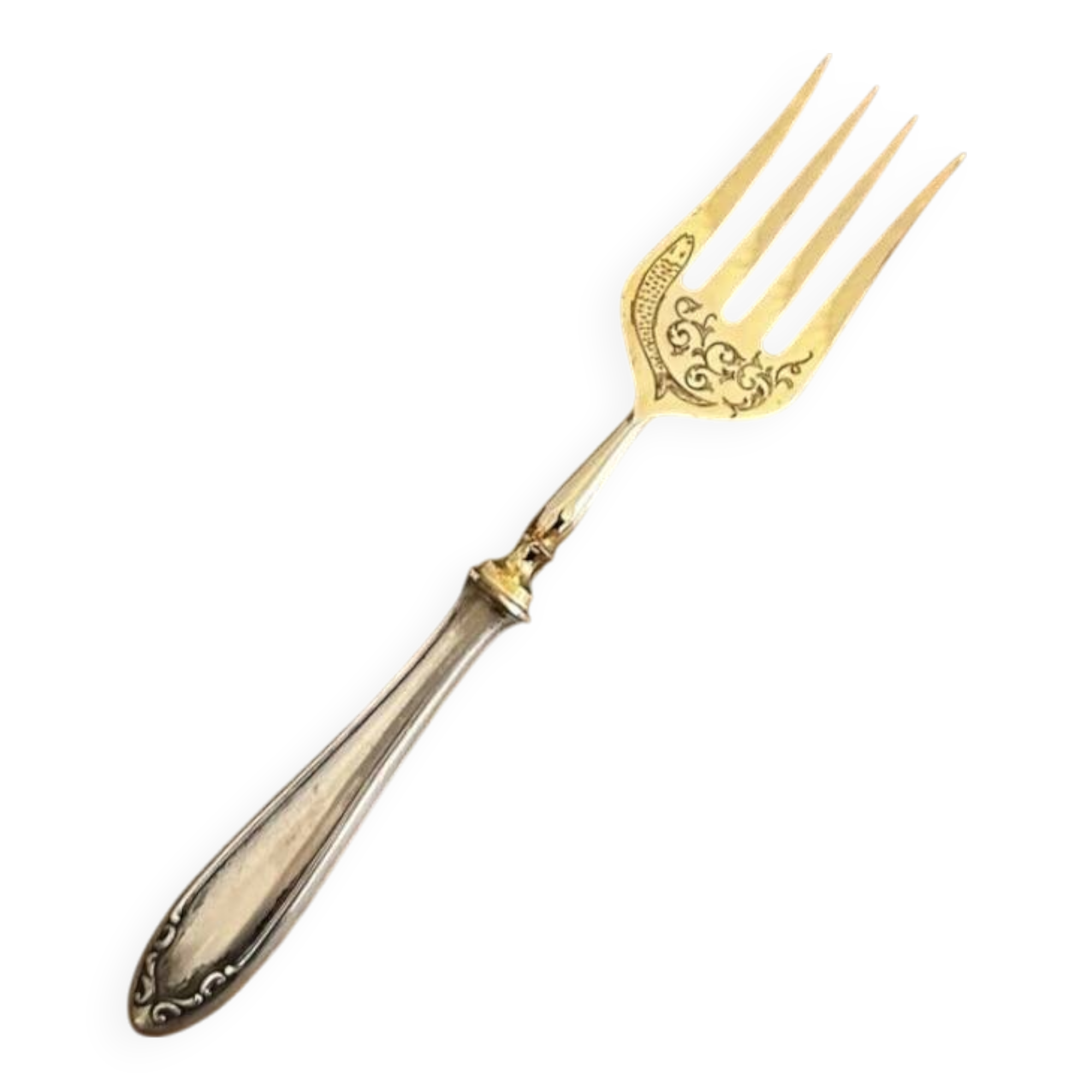 Engraved meat fork in silver and gold metal