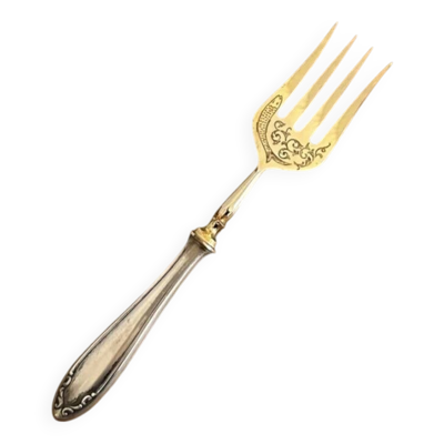 Fourchette à viande en métal argenté et doré gravé
