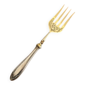 Engraved meat fork in silver and gold metal