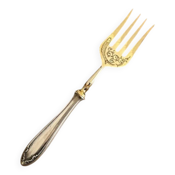 Fourchette à viande en métal argenté et doré gravé