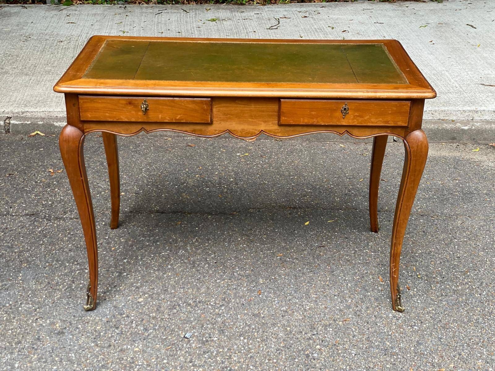 Louis XV style flat desk in solid cherry wood with pull-out extensions and leather top 19