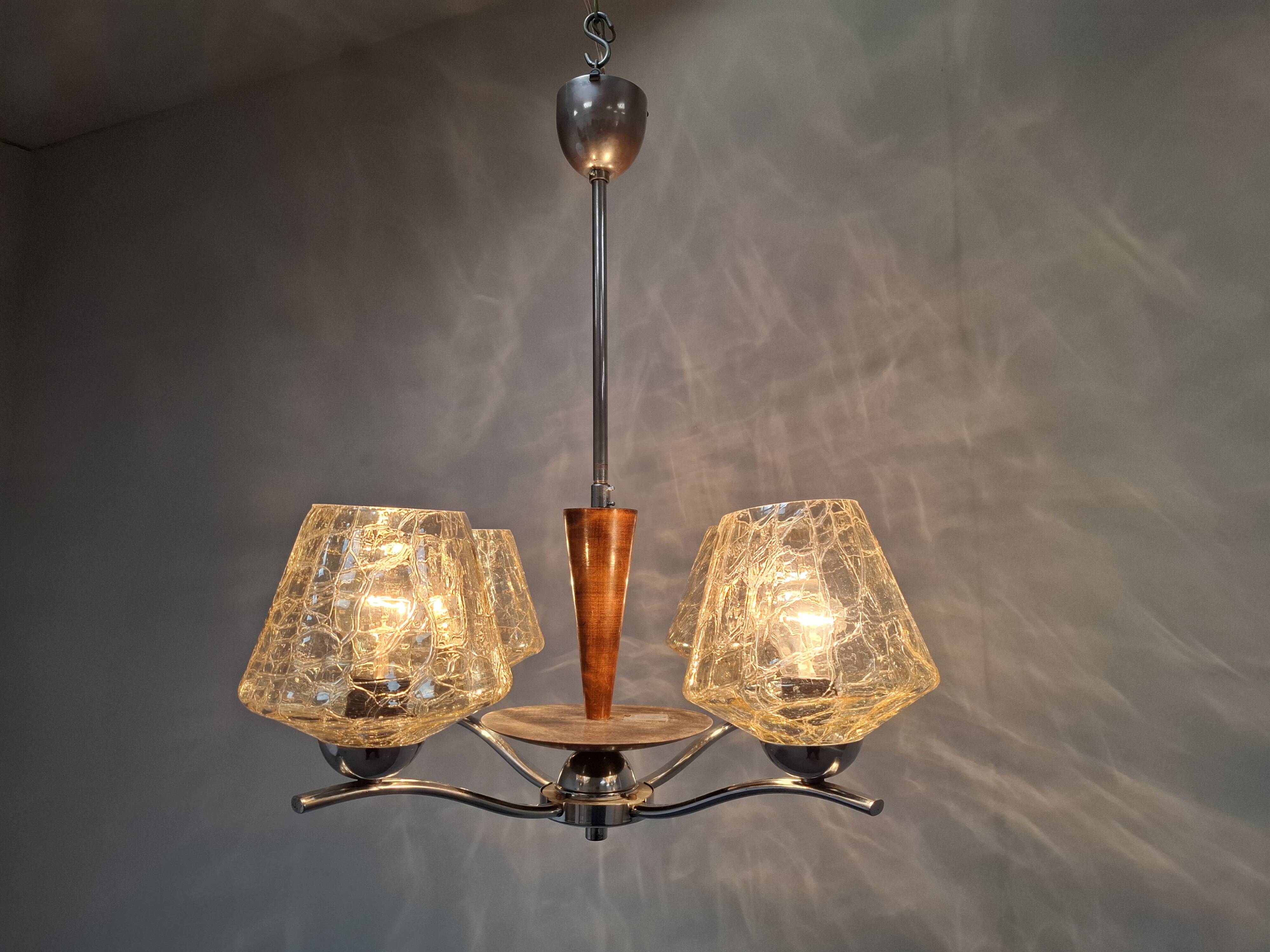 1960s Napako Mid-Century Modern Czech Four-Arm Glass Wood Chrome Chandelier