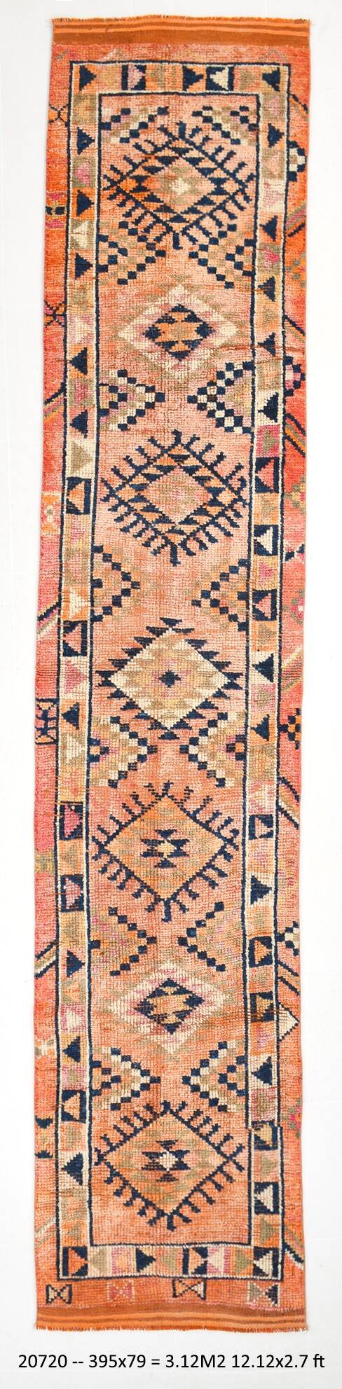 Navy Blue & Orange Vintage Runner Rug, 79x395Cm