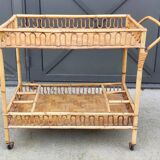 Vintage rattan bar trolley rolling serving cart