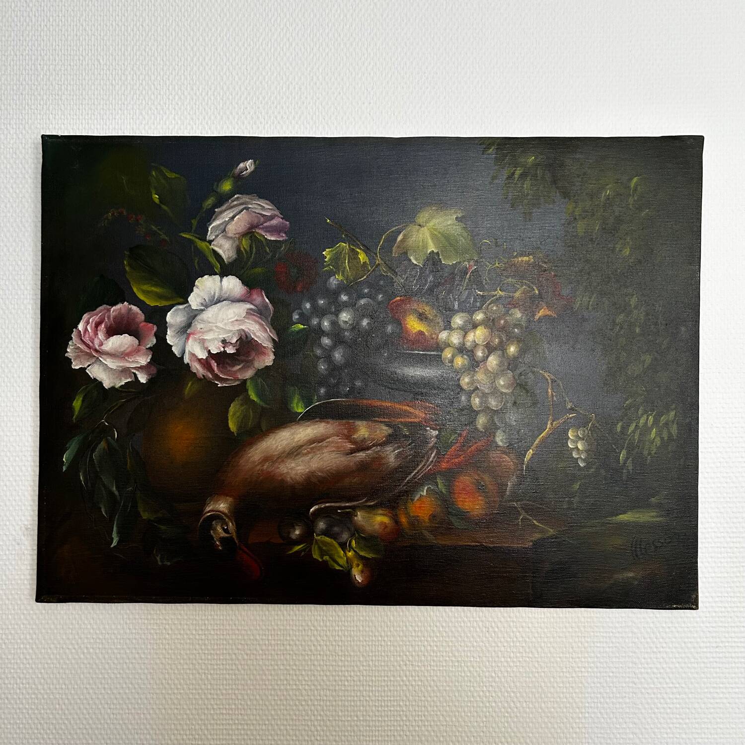 Painting, still life roses, grapes and game
