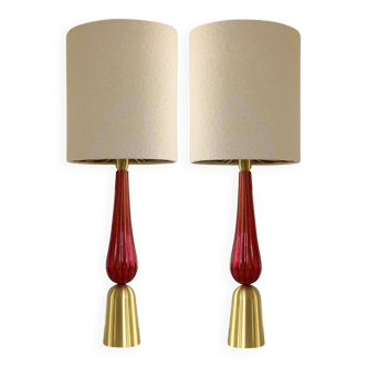 Paire de lampes à poser en verre de Murano rouge