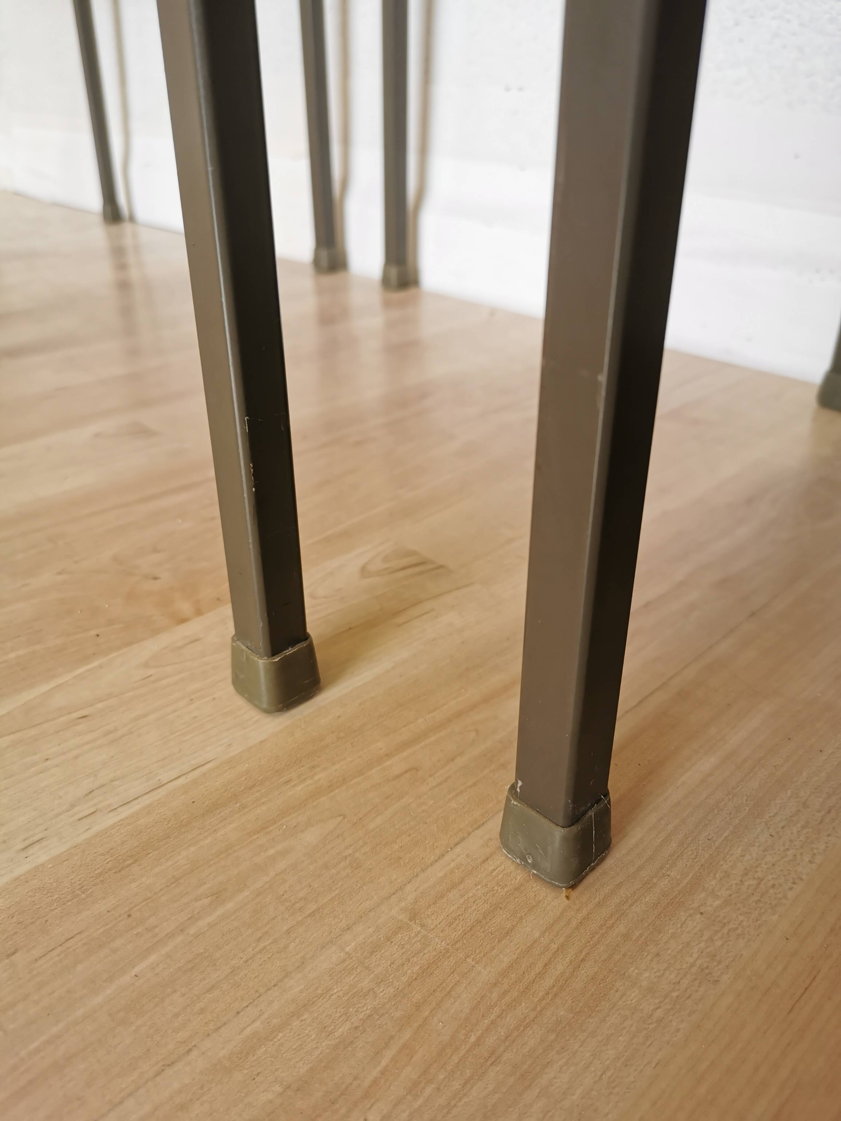 Set of 4 Vintage Industrial School Chairs: Brown Fabric, Black Metal Base