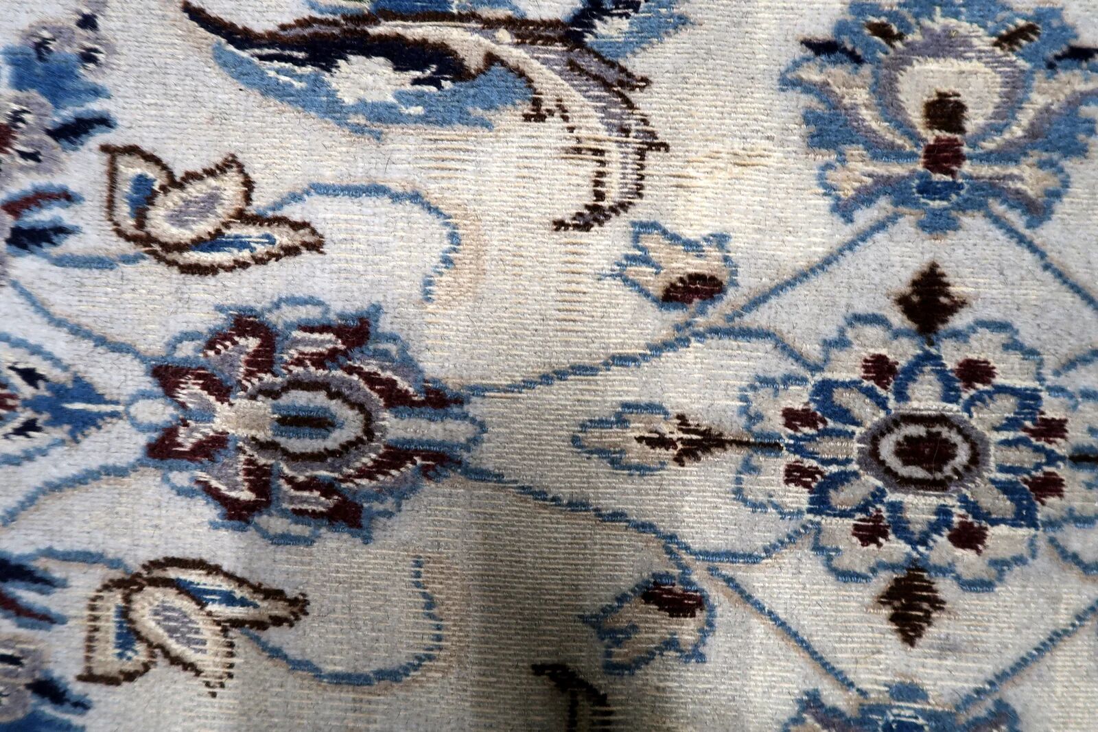 1950s hand-knotted wool rug with silk highlights, ivory and blue, 118 × 200 cm