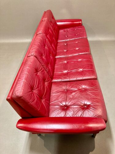 Red leather sofa 4 places design 1950.