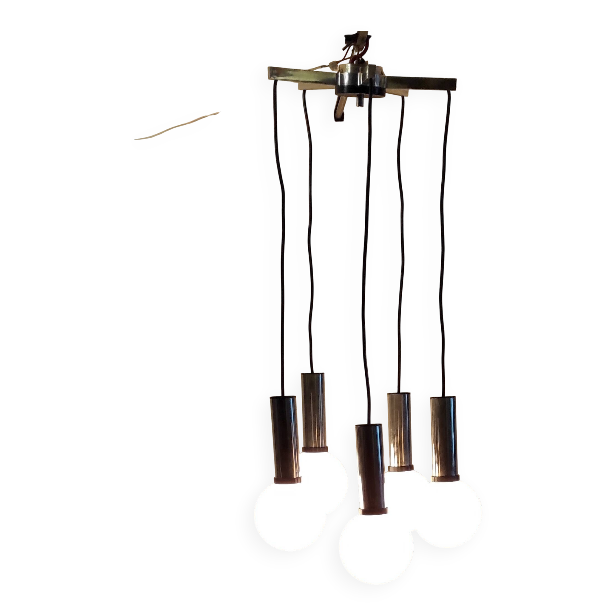 Cascade suspension with 5 chrome metal lights and opaline globes - 1970s