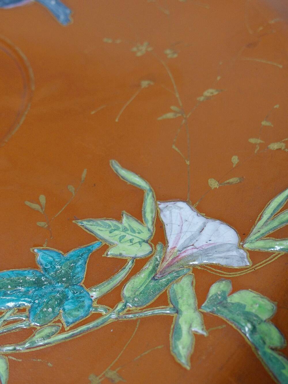 Large old clay/terracotta dish with Japanese Art Nouveau enamel