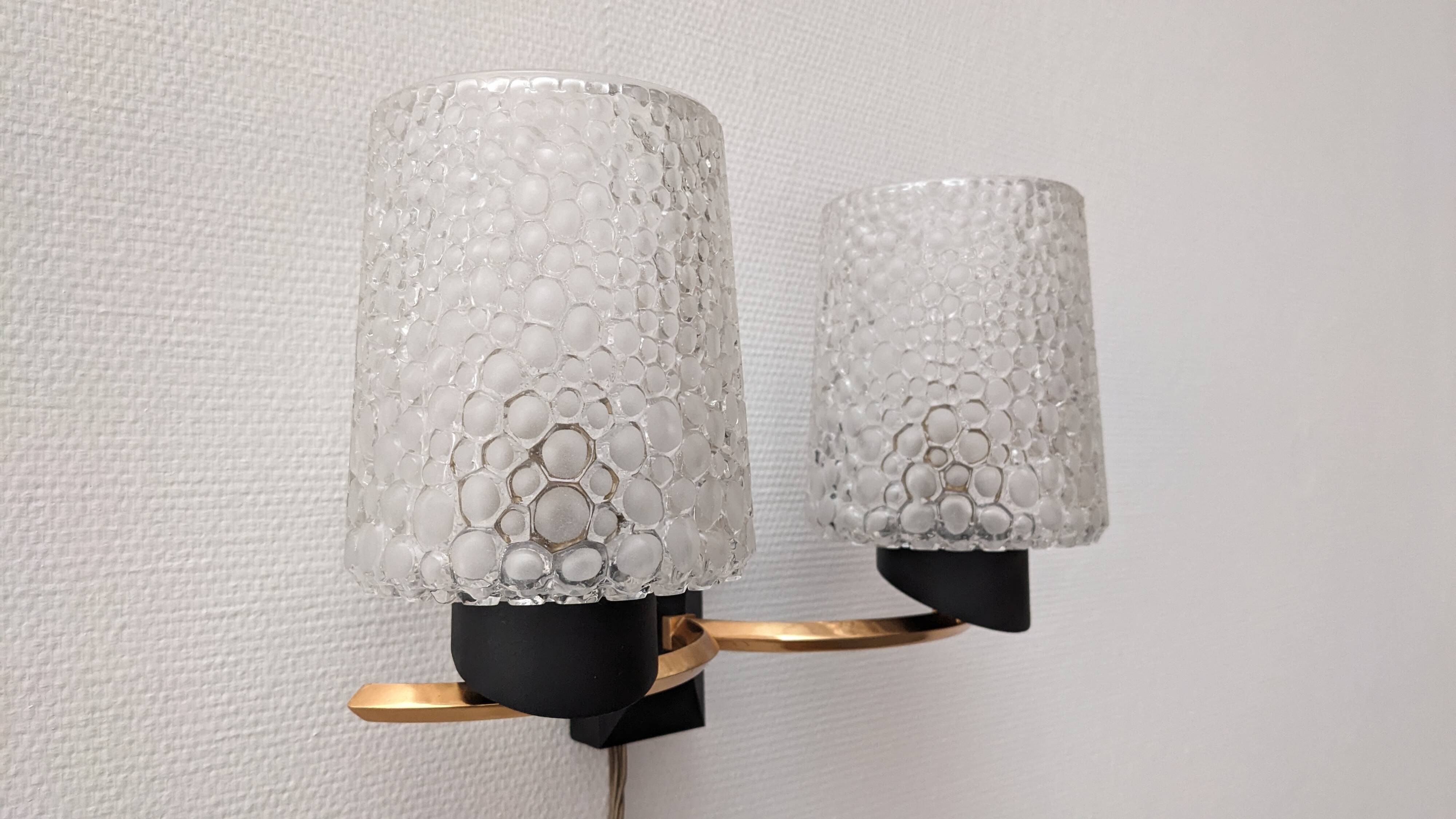 Pair of double wall lights in bubbled glass by Maison Arlus, France circa 1960.
