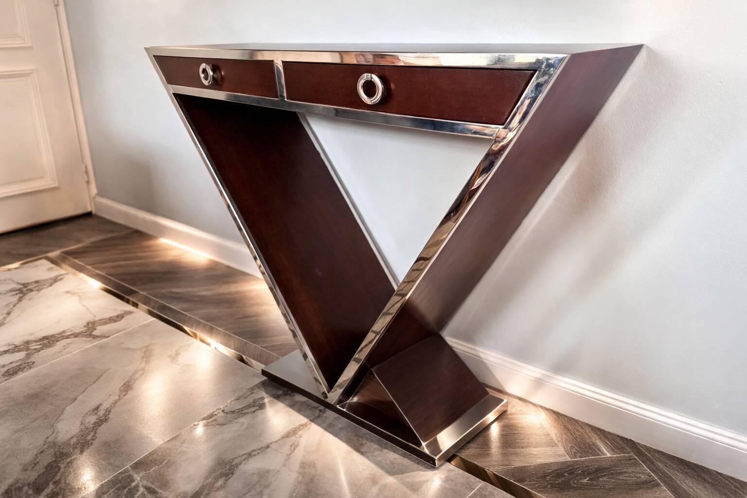 Console design 20th century, 2 drawers, walnut.