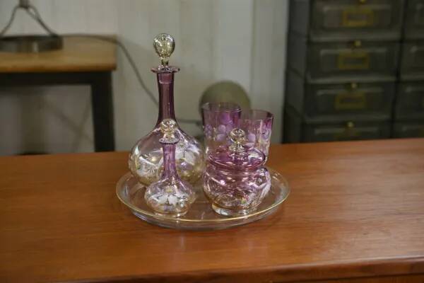 Set of pink blown glass carafes and glasses, 1950s