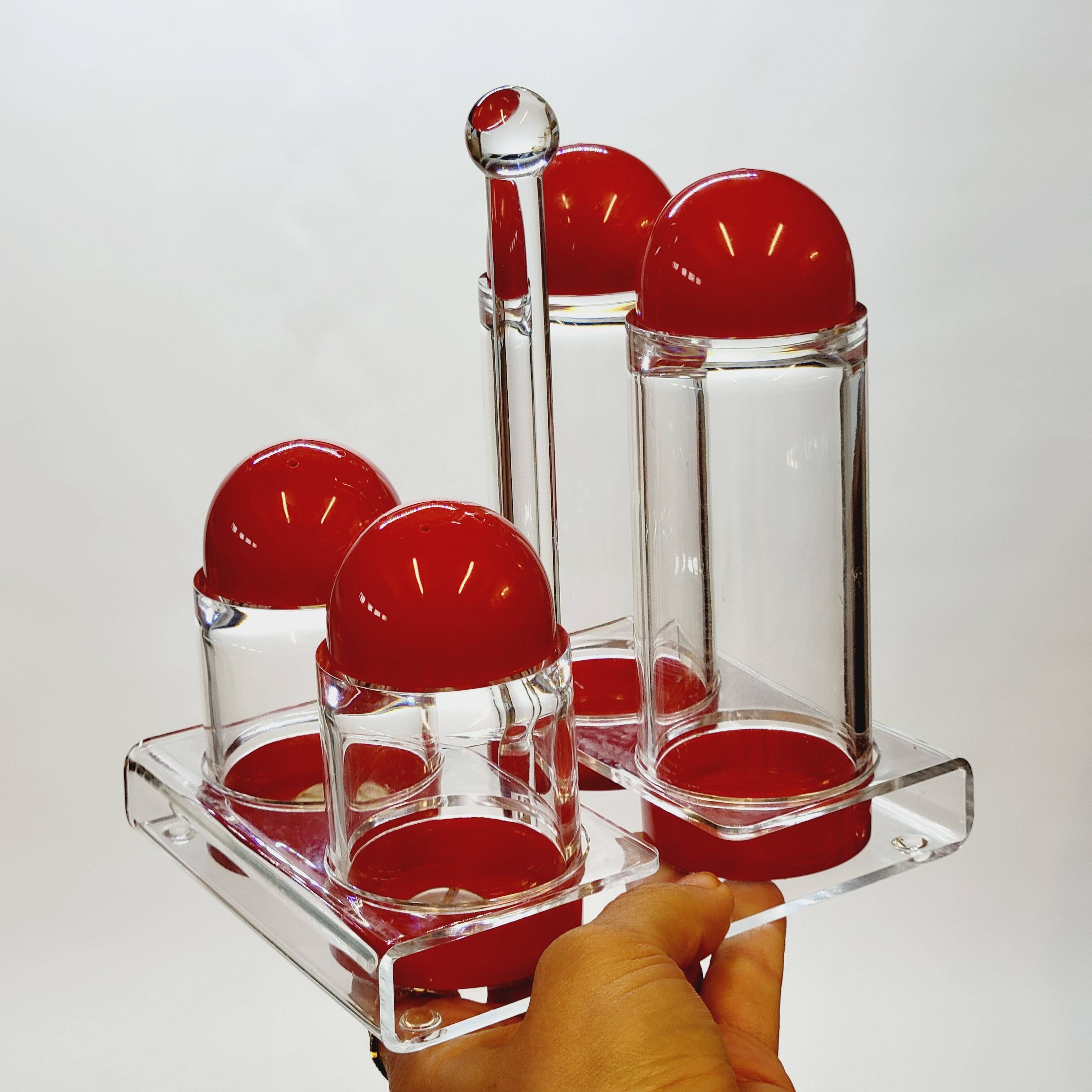 Condiment service oil vinegar salt pepper vintage plexi and red plastic