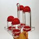 Condiment service oil vinegar salt pepper vintage plexi and red plastic
