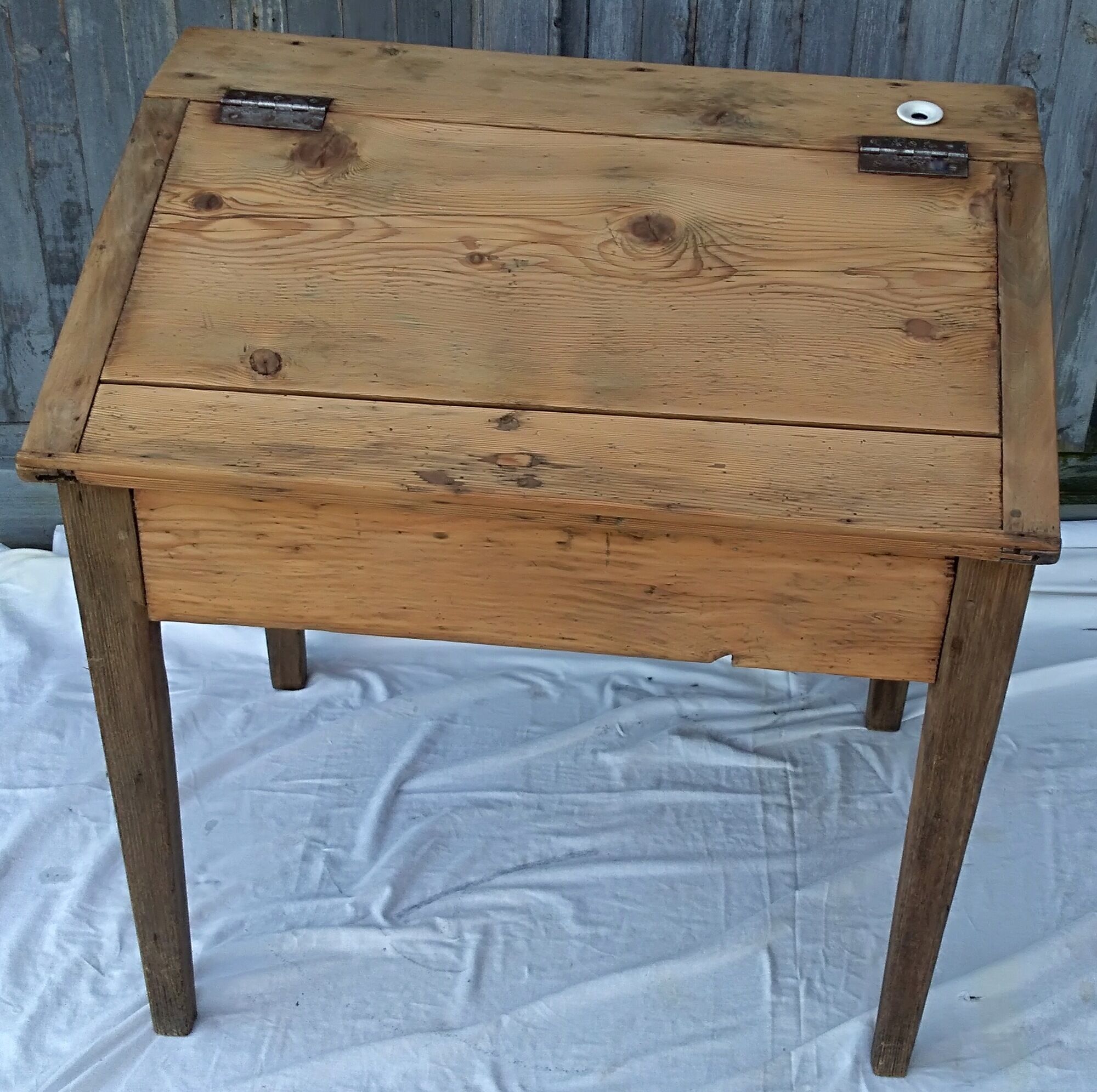 former schoolboy desk with felling and his porcelain inkwell