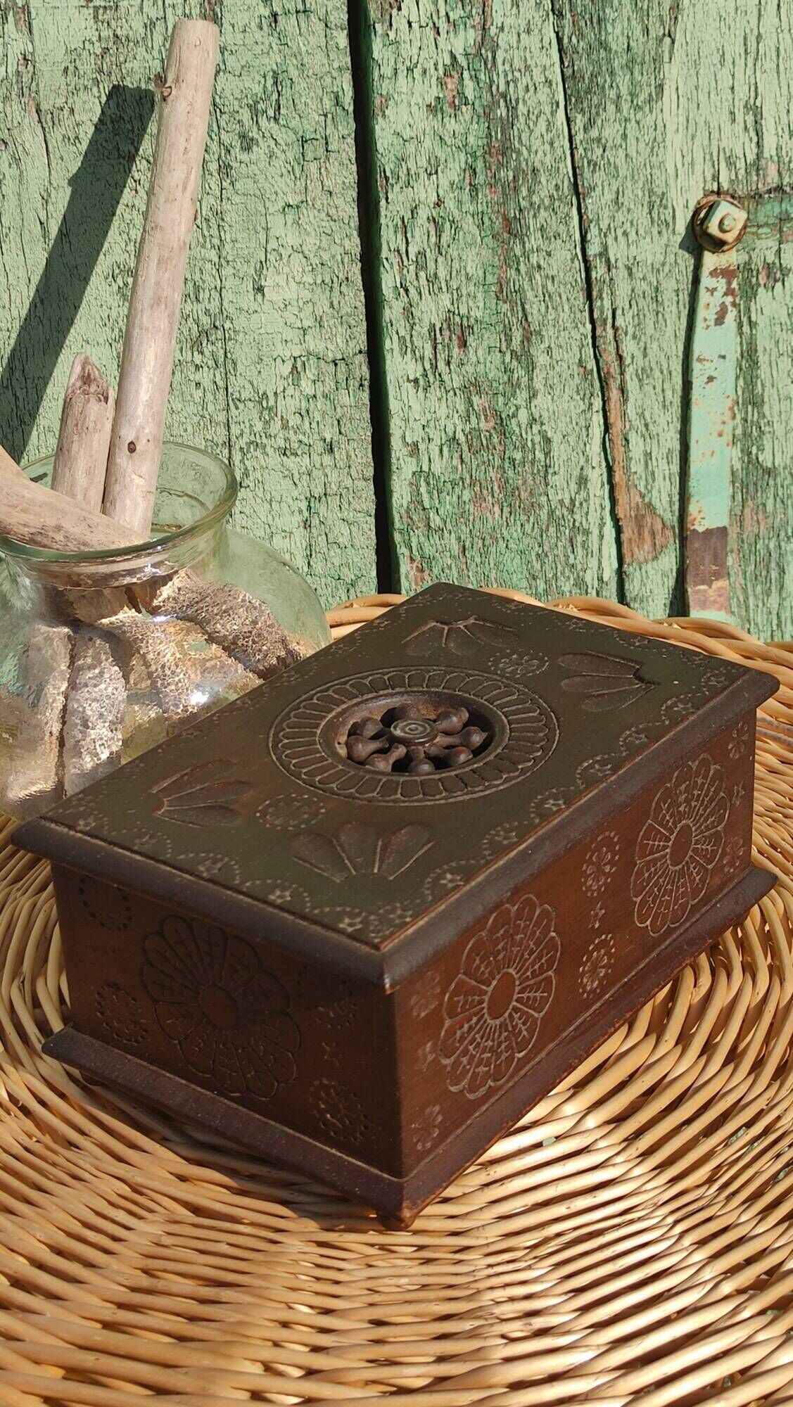 Old artisanal box in carved wood made of French (Brittany)