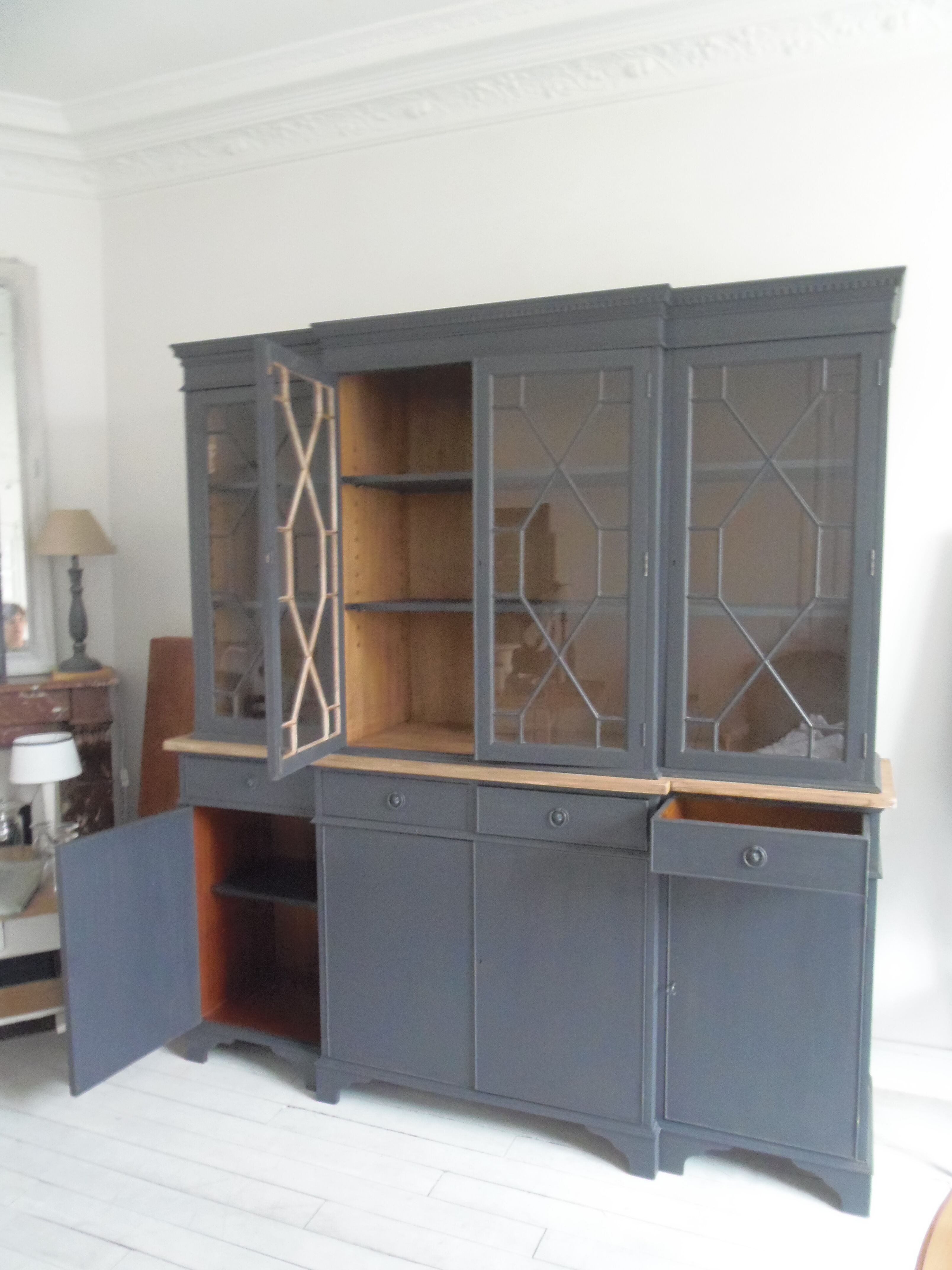 Slate grey china cabinet with wood interior