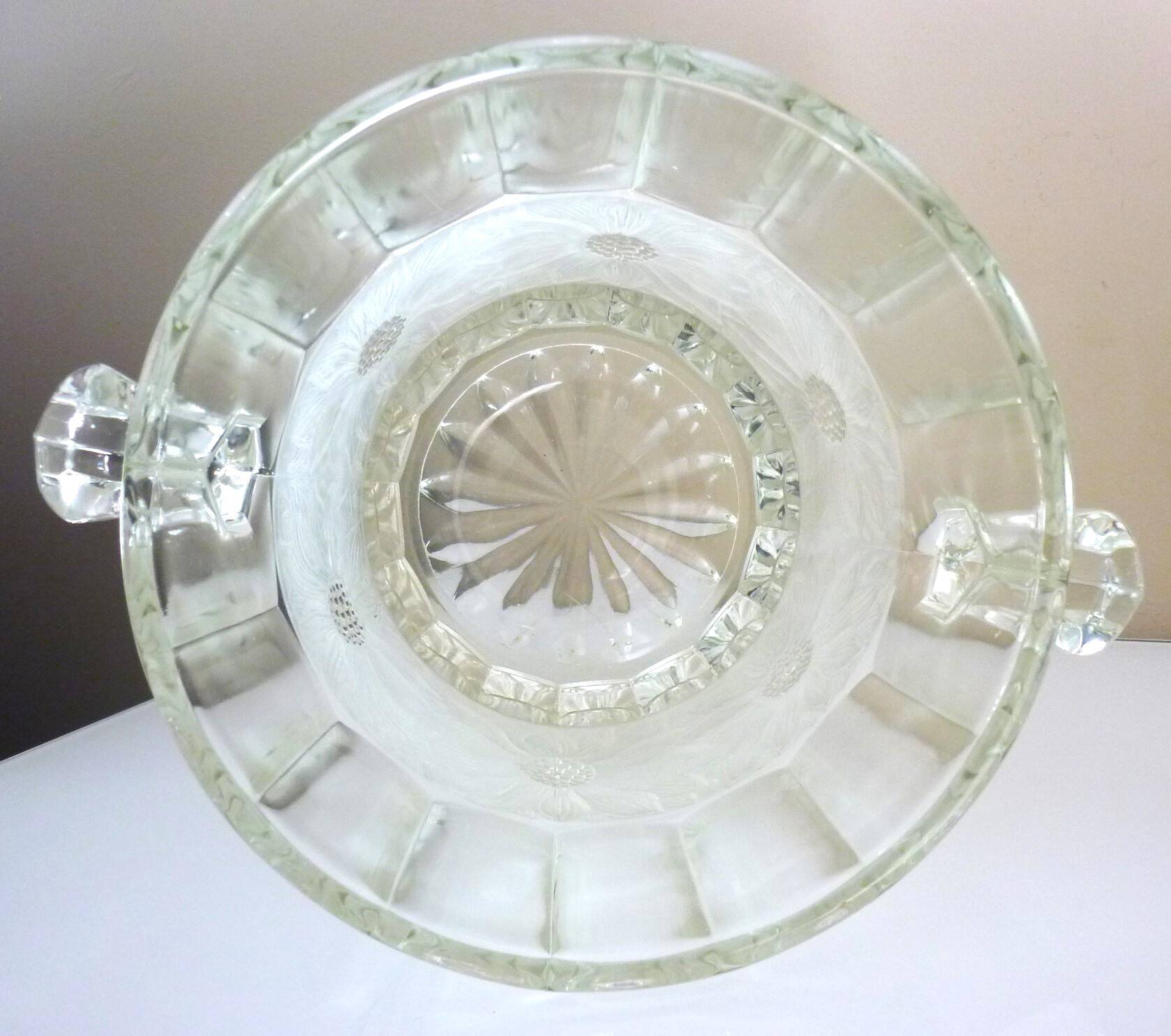 Champagne bucket, Art Deco style and period, thick, molded, frosted crystal