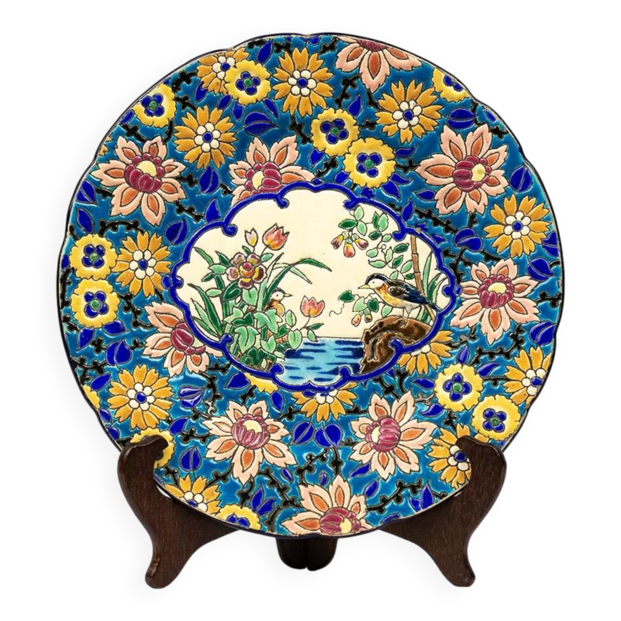Assiette Longwy 1930 – Émaux à décor d’oiseaux et fleurs oranges