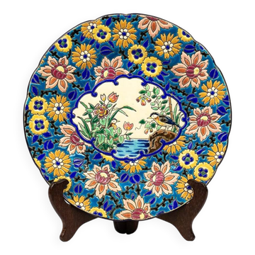 Longwy plate, 1930 – Enamel decoration of birds and orange flowers