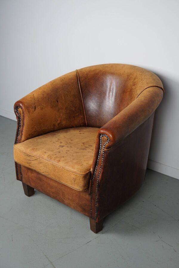 Fauteuil club vintage en cuir couleur cognac, pays-bas