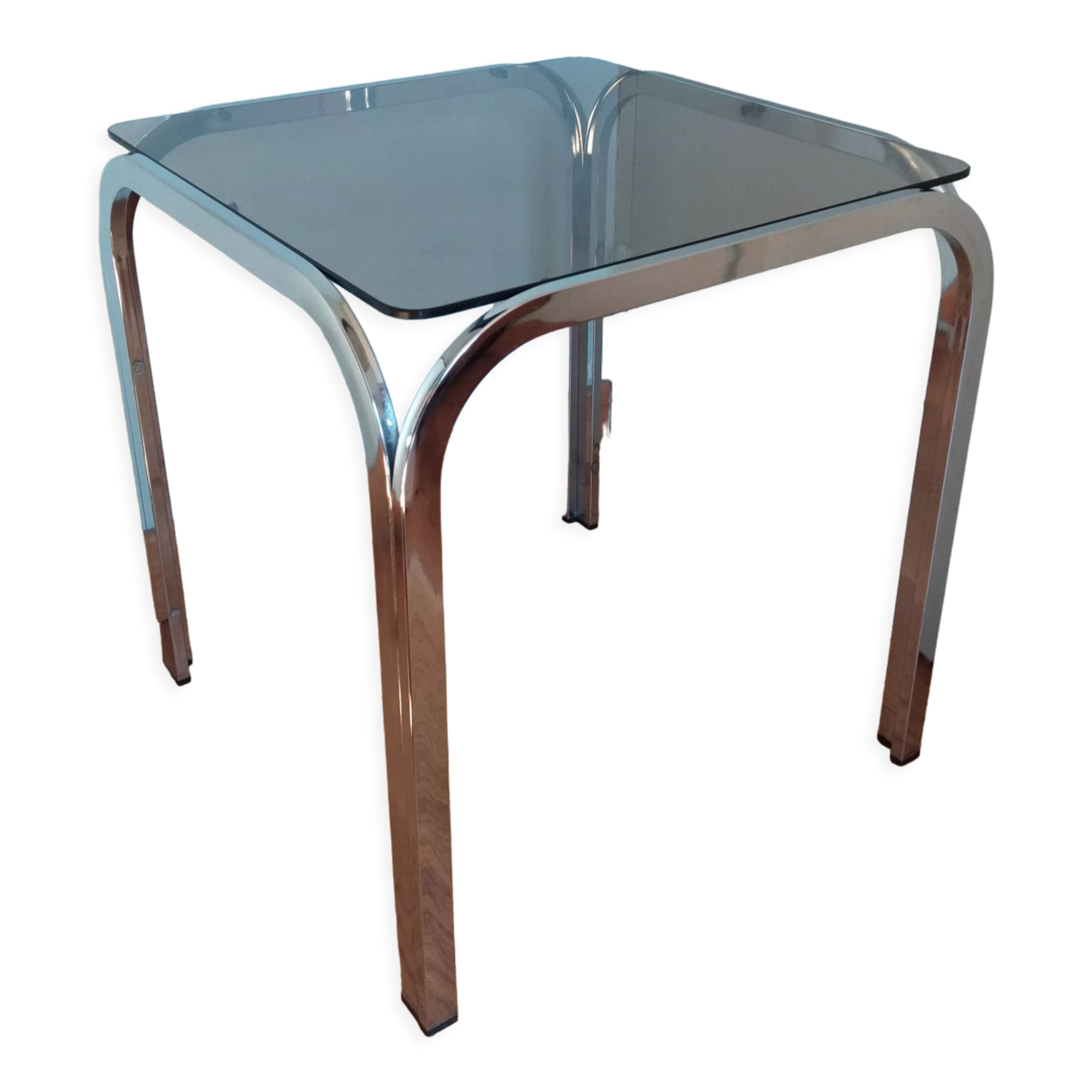 Square coffee table in chromed metal and smoked glass