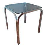 Square coffee table in chromed metal and smoked glass