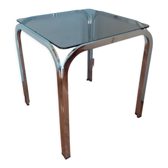 Square coffee table in chromed metal and smoked glass