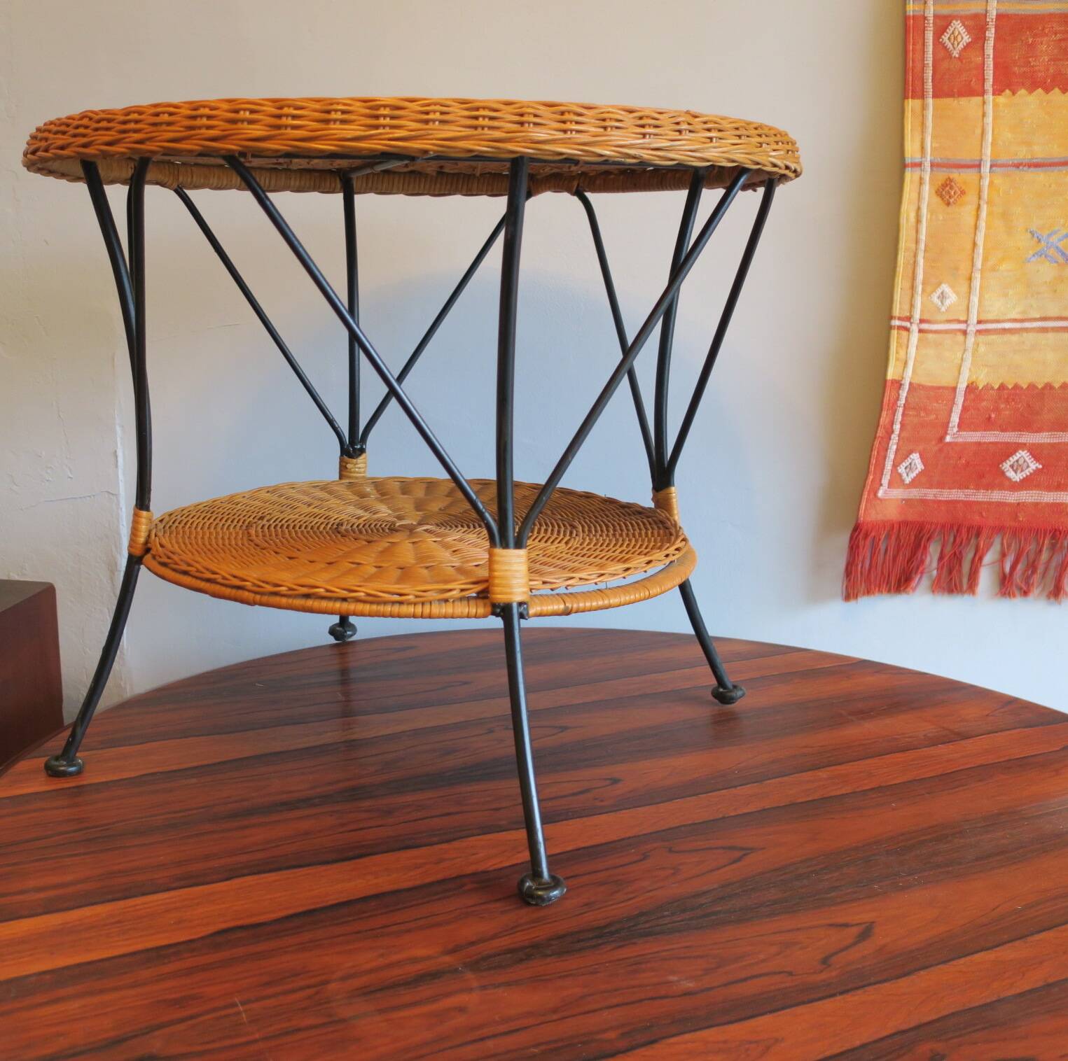 Mid century rattan and iron 2-level coffee or wine table, 1960s
