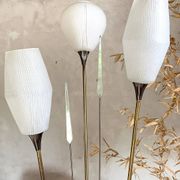 Vintage reed floor lamp in black metal and brass with three white opalines